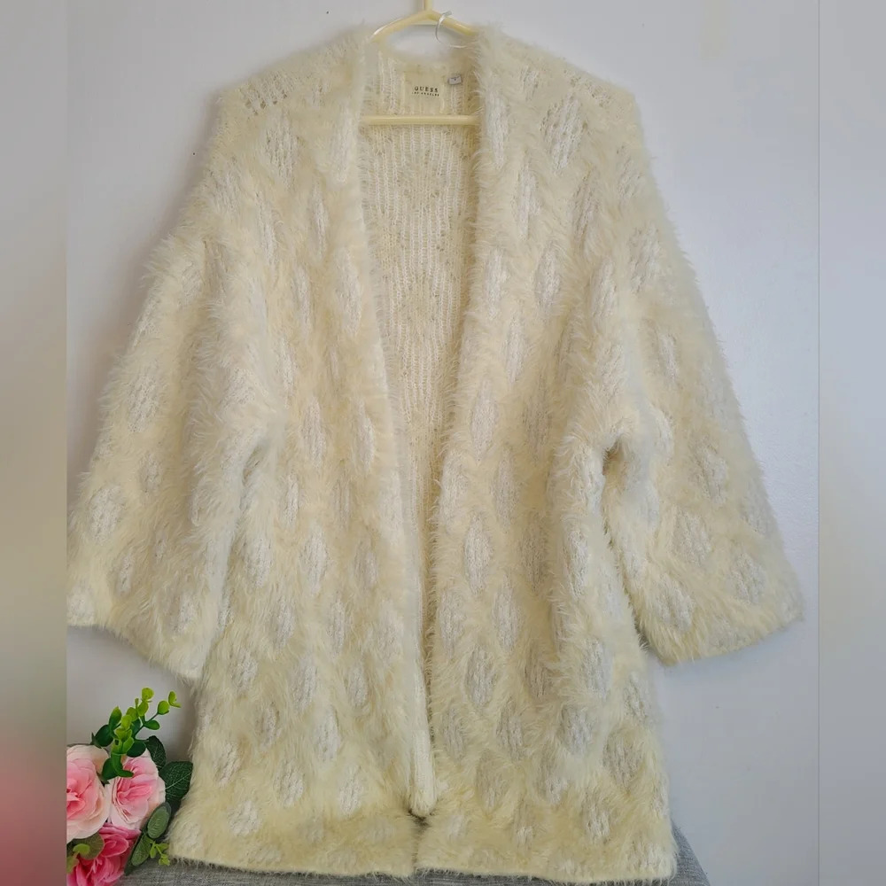 Guess Los Angeles Ivory Fuzzy Open Front Cardigan S Retro Angelcore Cozy